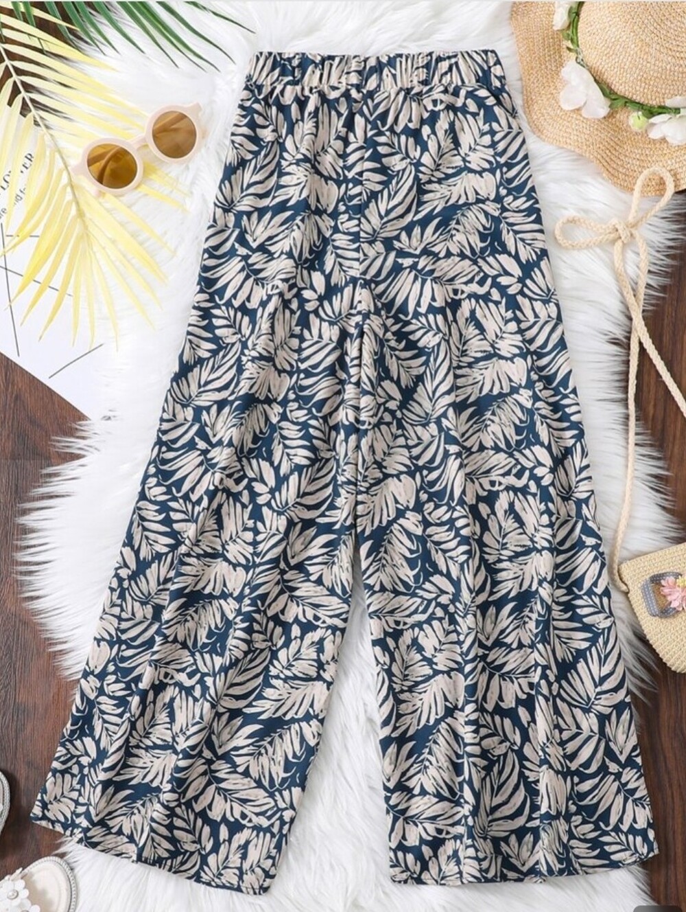 Shein Womens TALL Navy Blue/Cream | Tropical Print Wide Leg Pants Size XL